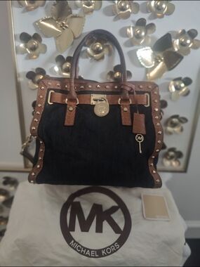 Authentic Michael Kors blue Denim and Cognac Brown Stud-Trim Tote Bag